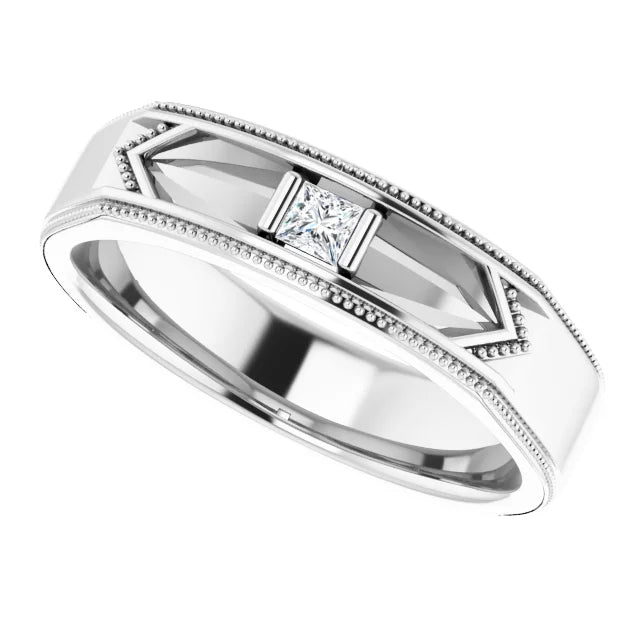 14K White 1/10 CT Natural Diamond Geometric Milgrain Band